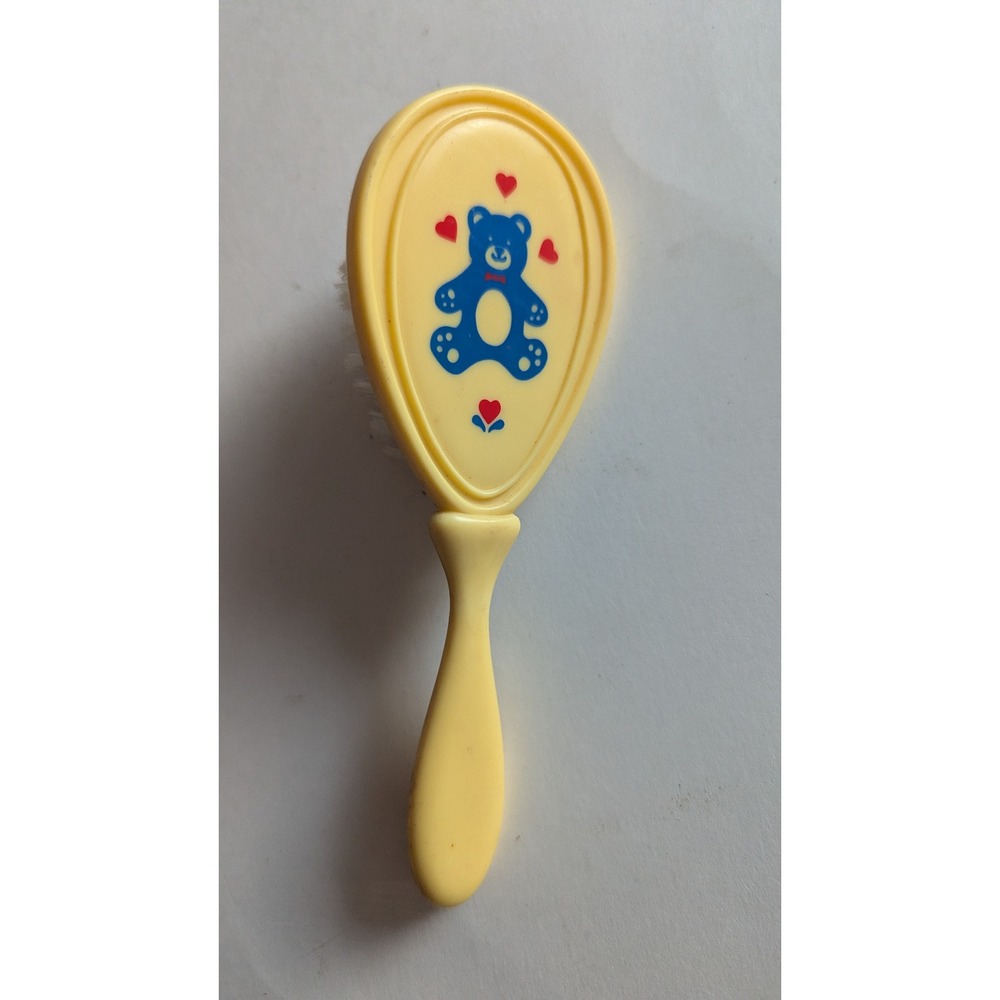 Vintage Yellow Baby Hair Brush Blue Teddy Bear Red Hearts Nursery Grooming 5.5in